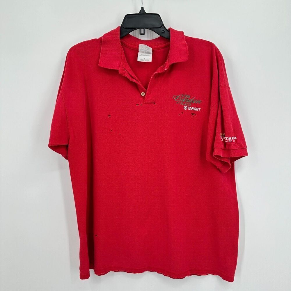 Vtg Target The Garden Place Polo Shirt L Red Uniform Indie Grunge Distressed Y2K